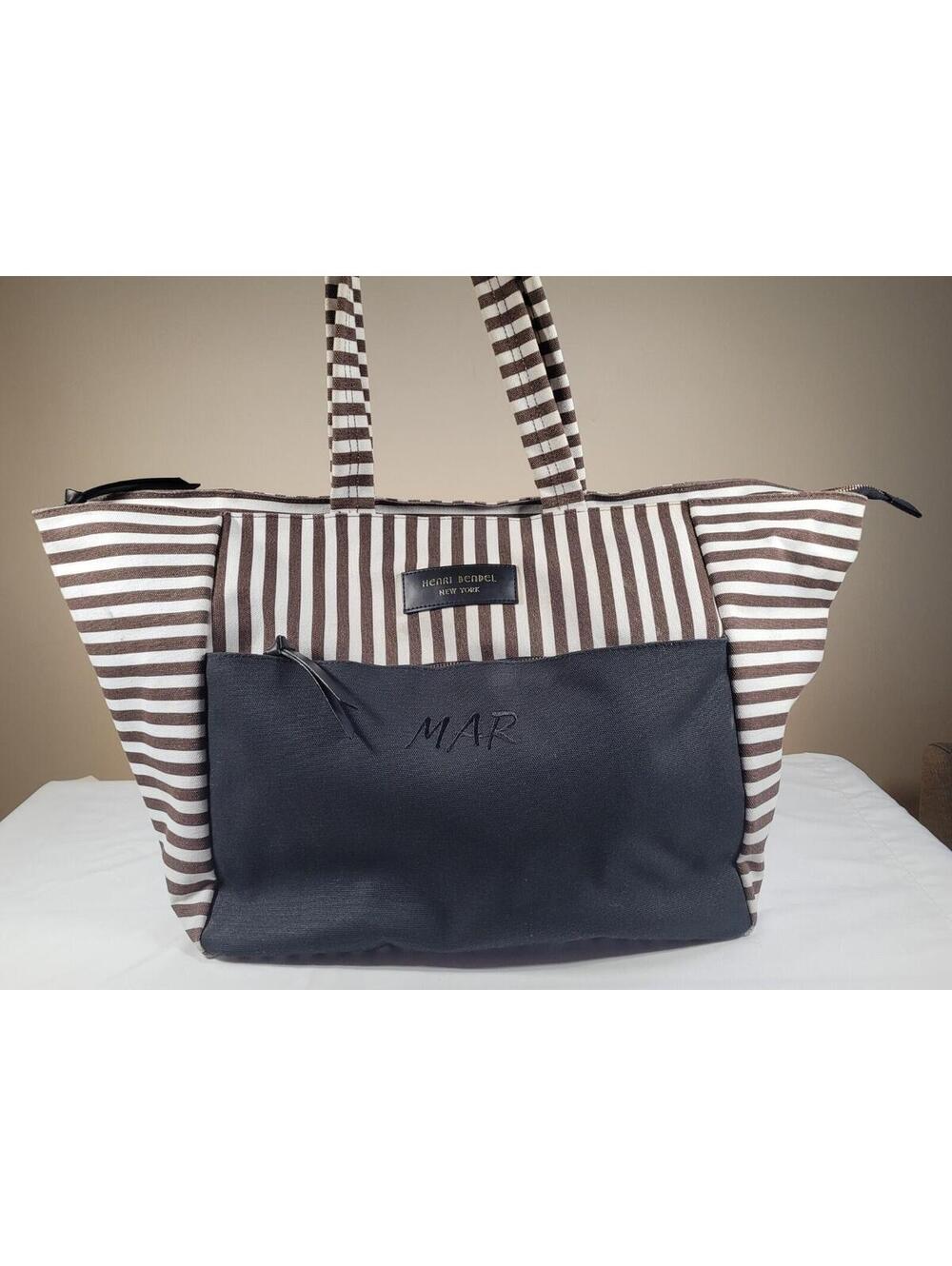 Henry Bendel Striped Zip Top Canvas Tote Bag, Natural With Brown Stripe, EUC!